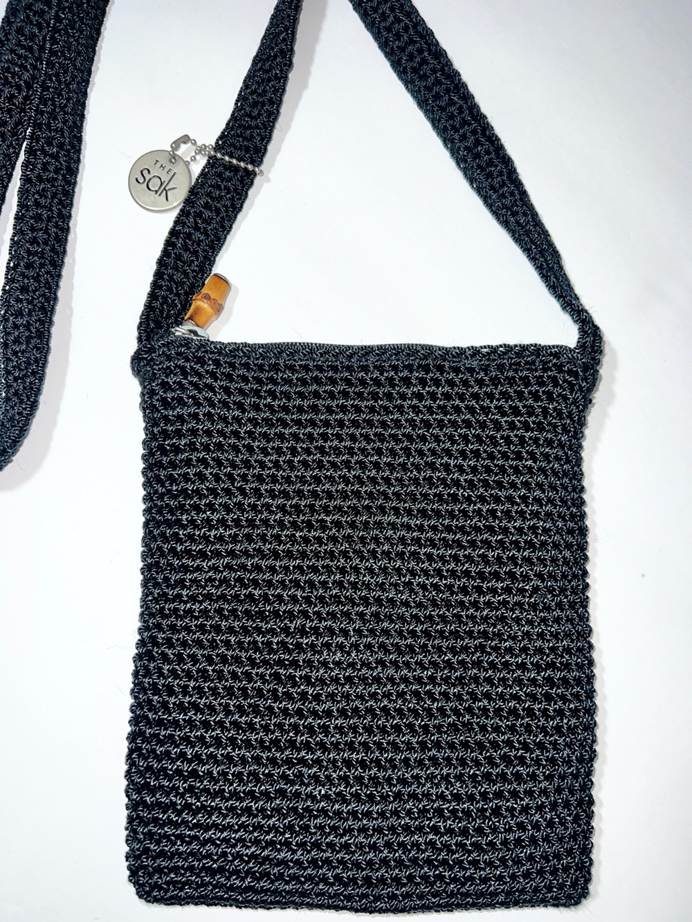 The Sak Vintage Black Hand-Crochet Crossbody Purse Bag Bamboo Zipper Pull Y2K - Picture 2 of 14